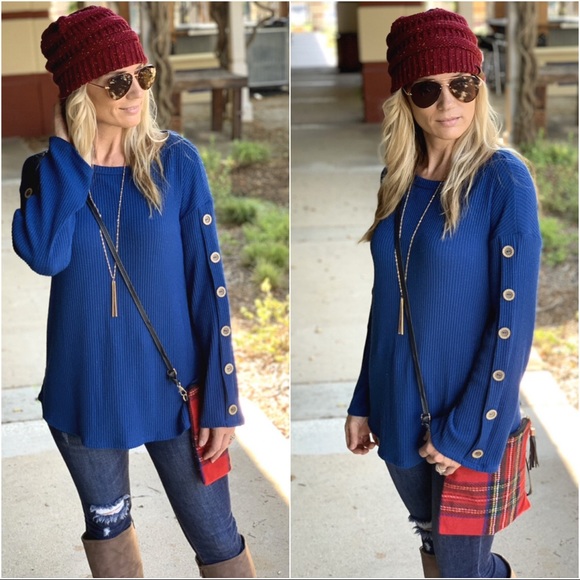 Infinity Raine Tops - LAST ONE✨Blue button trim sleeve ribbed knit tunic